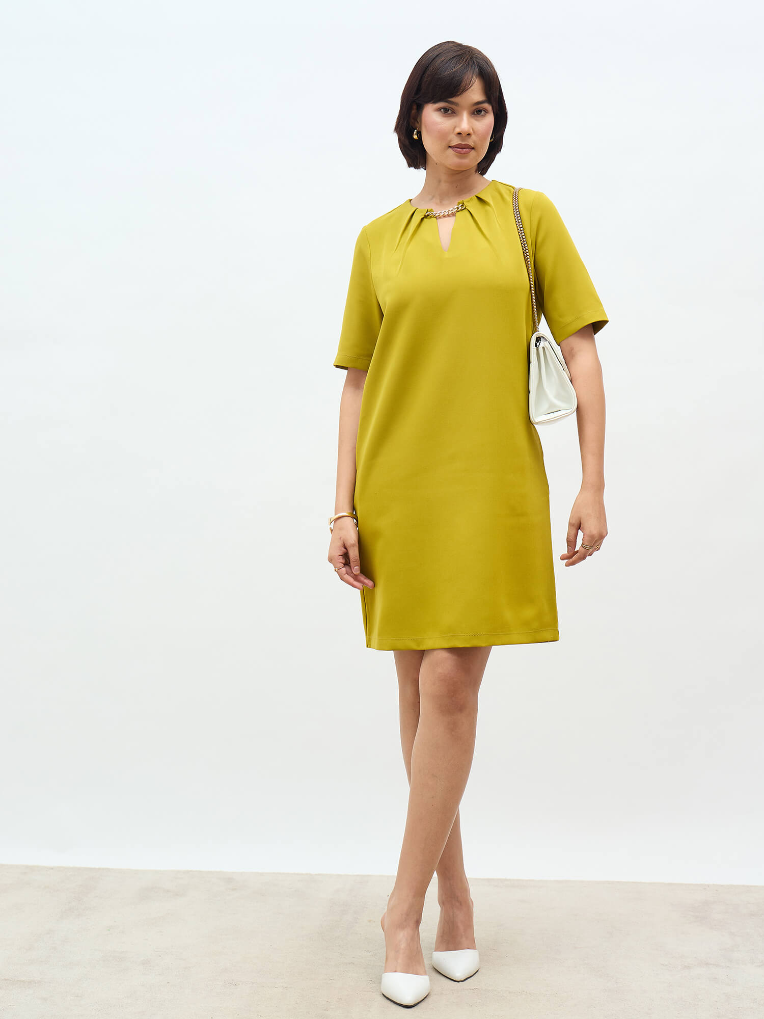 Helena Metallic Chain Shift Dress-Lime Green