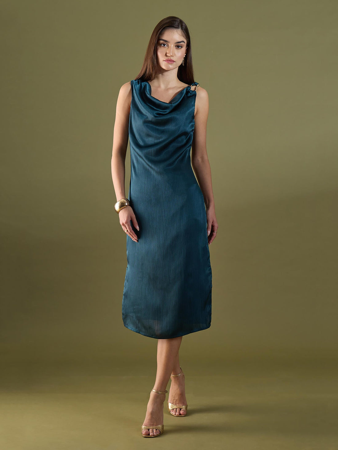 Alina Cowl Neck Midi Dress-Teal