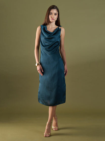 Alina Cowl Neck Midi Dress-Teal