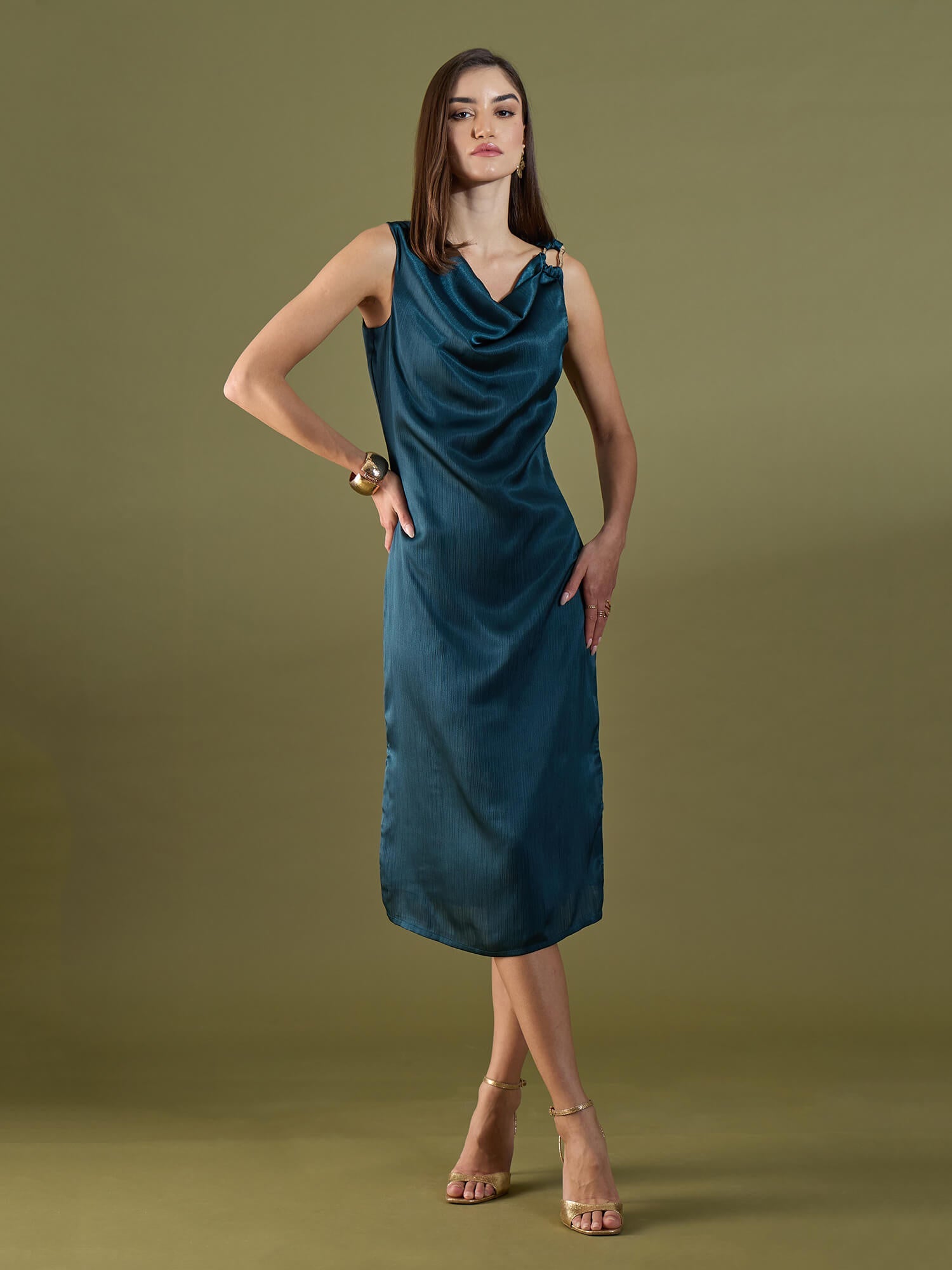 Alina Cowl Neck Midi Dress-Teal