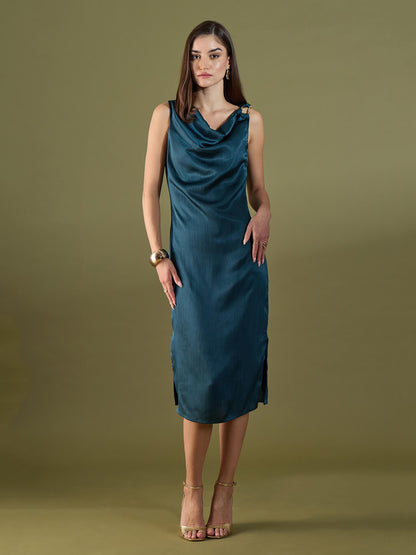 Alina Cowl Neck Midi Dress-Teal