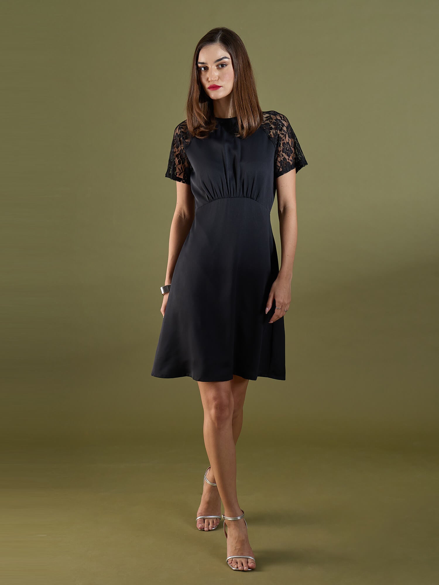 Dylan Lace Sleeve Dress-Black