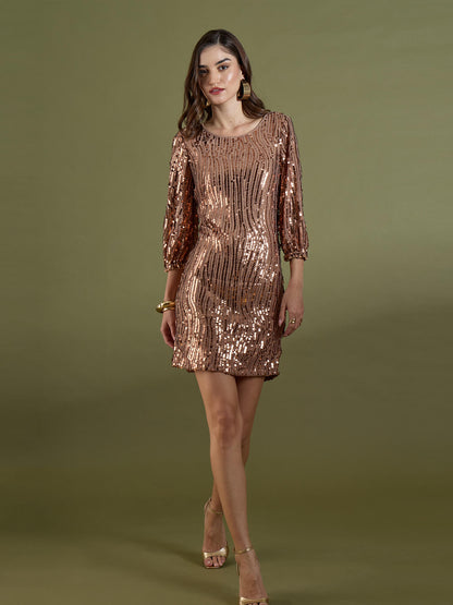 Karina Sequin Above Knee Length Dress-Bronze