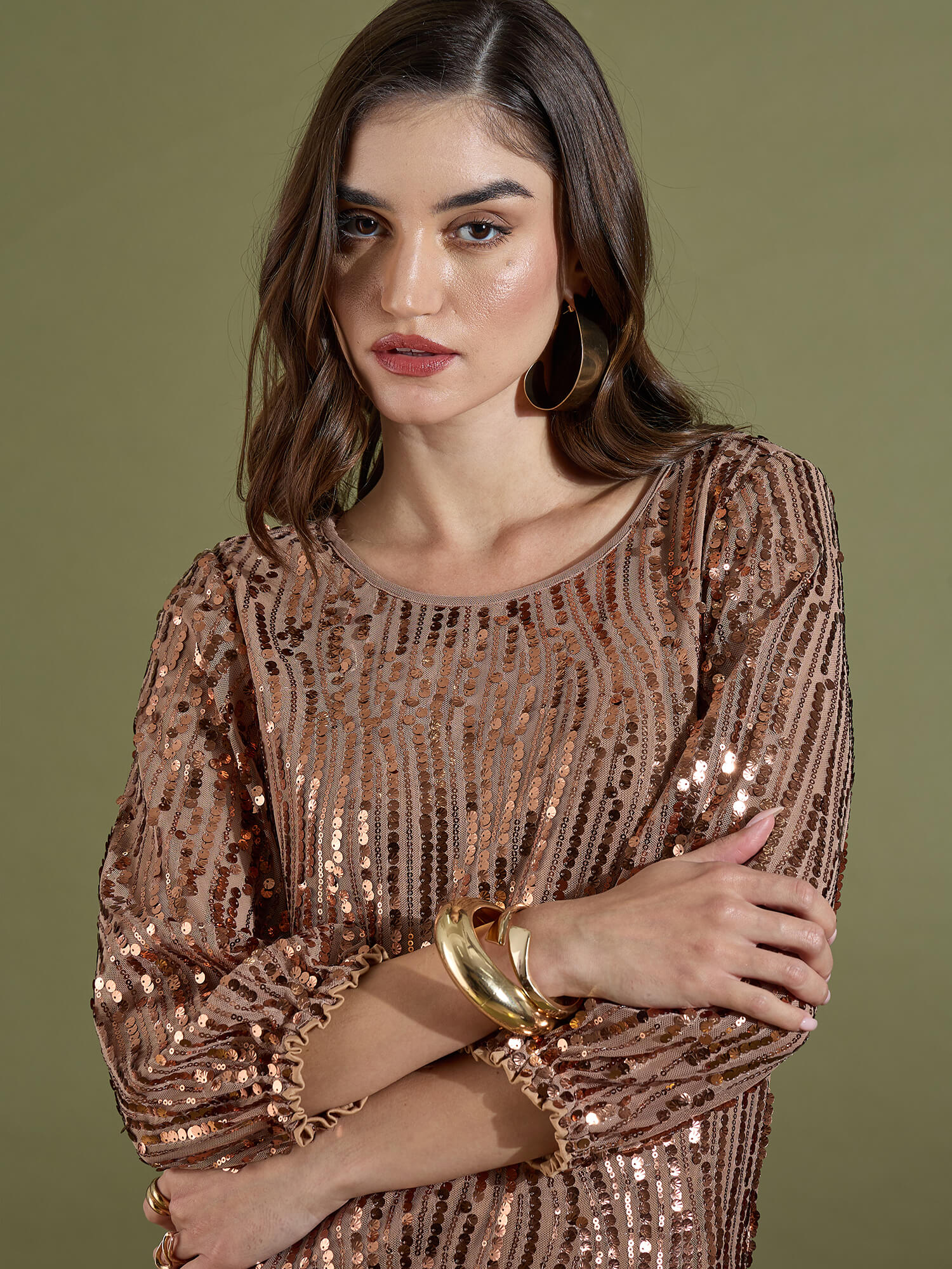 Karina Sequin Above Knee Length Dress-Bronze