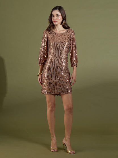Karina Sequin Above Knee Length Dress-Bronze