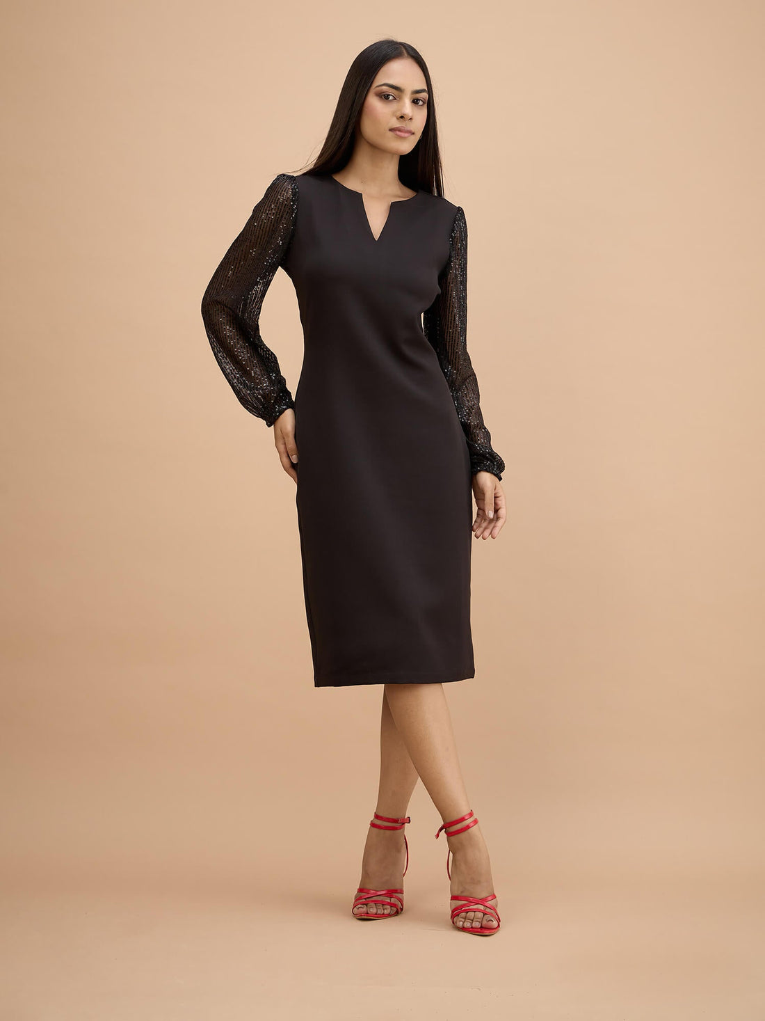 Aurine Sequin balloon sleeve dress-Black