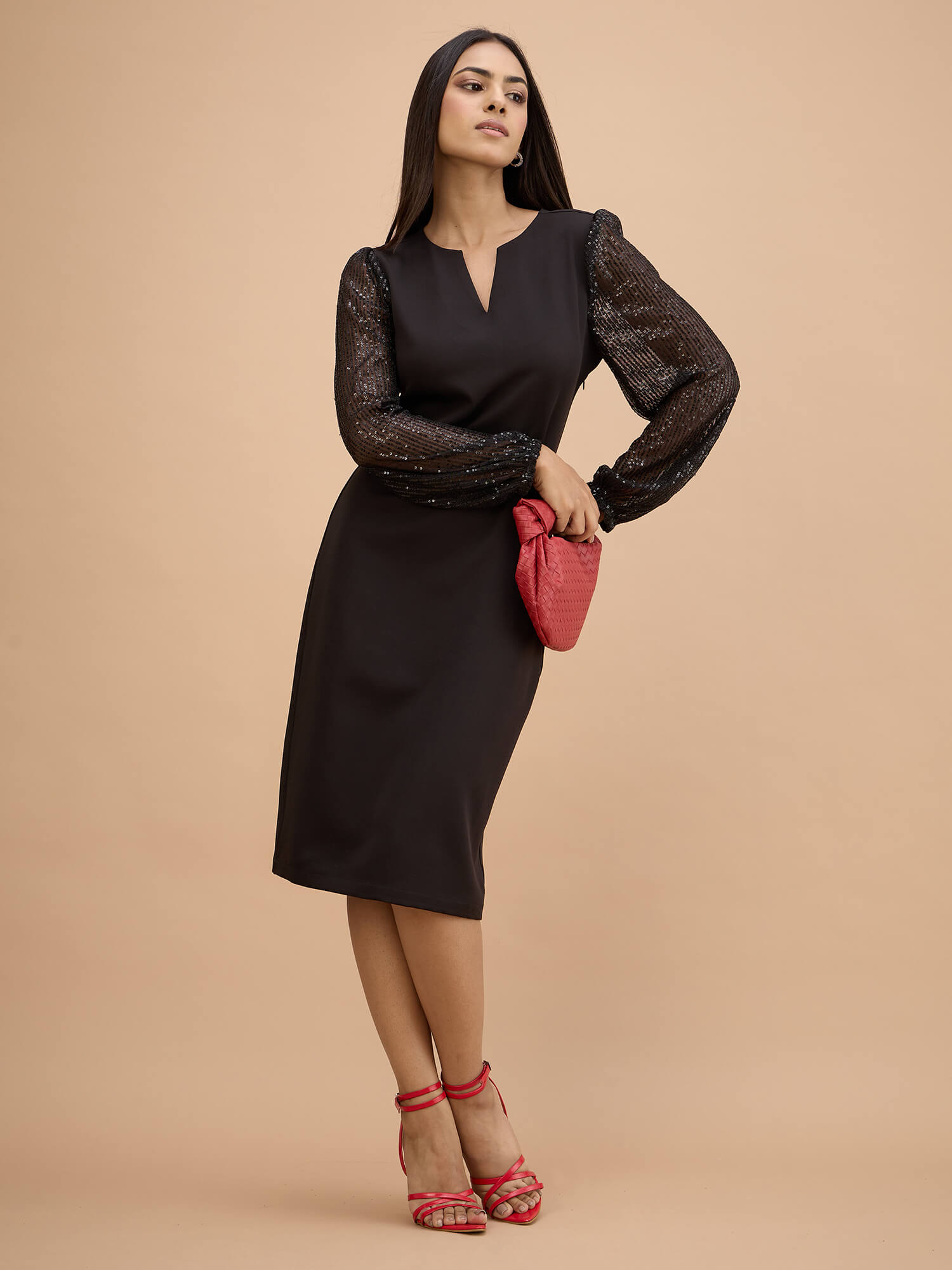 Aurine Sequin balloon sleeve dress-Black
