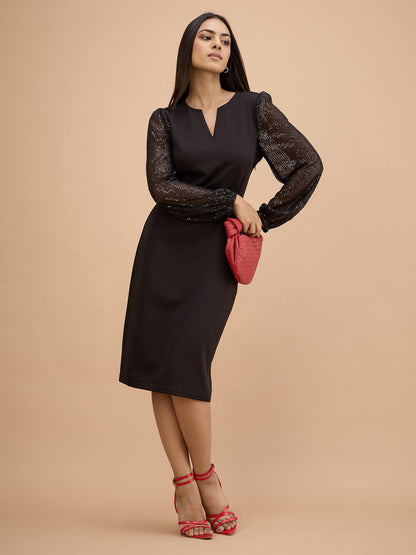 Aurine Sequin balloon sleeve dress-Black