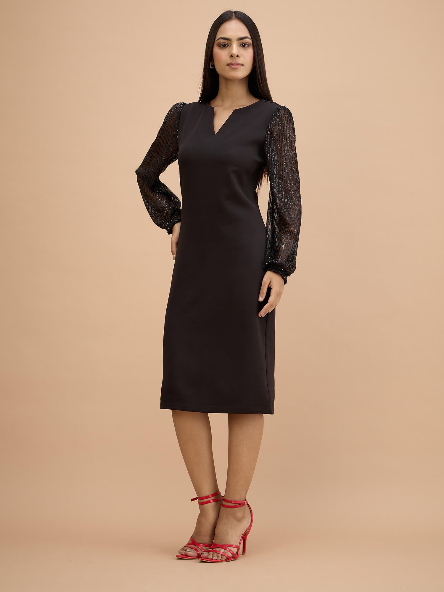 Aurine Sequin balloon sleeve dress-Black