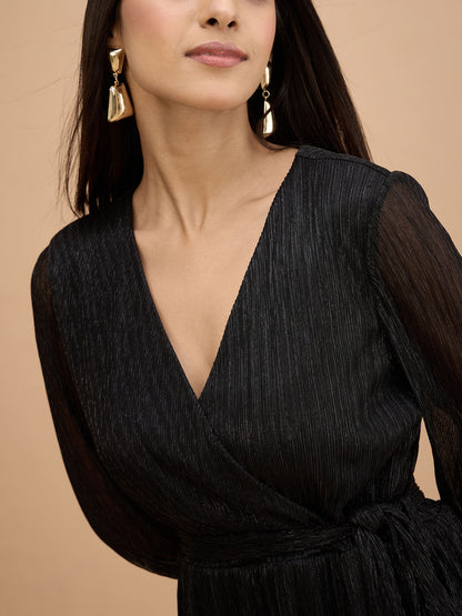 Tiarra Pleated lurex wrap belted dress-Black