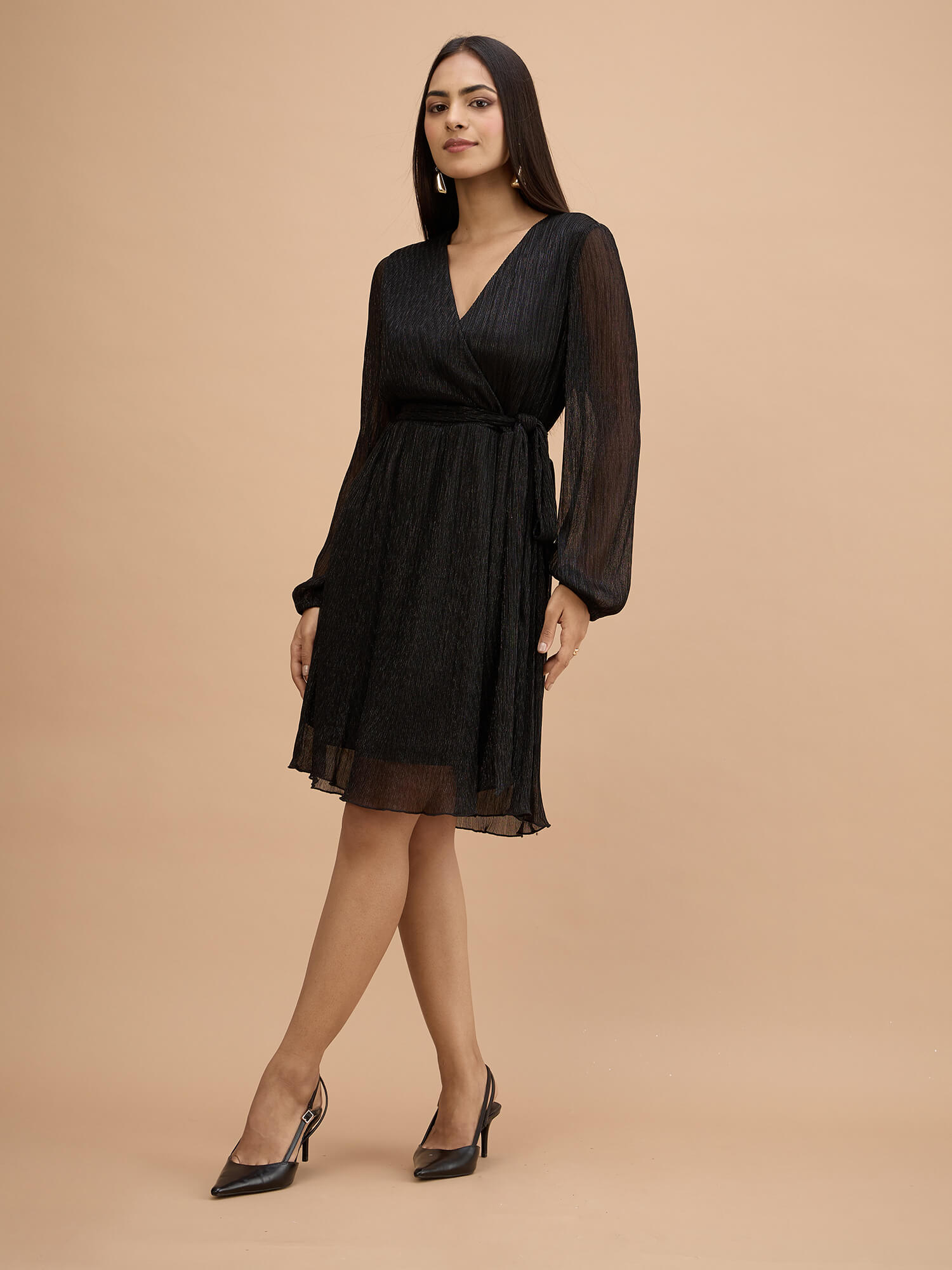 Tiarra Pleated lurex wrap belted dress-Black