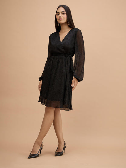 Tiarra Pleated lurex wrap belted dress-Black