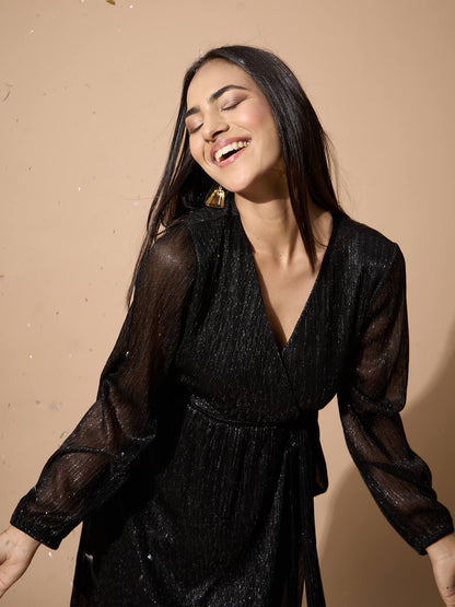 Tiarra Pleated lurex wrap belted dress-Black