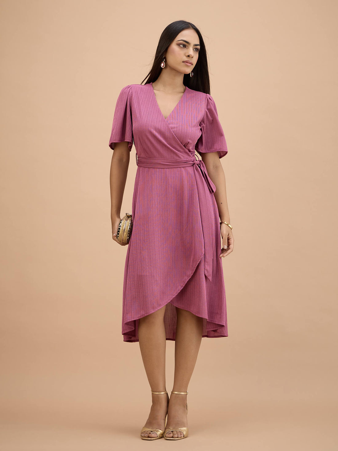 Joya Faux Wrap Midi Dress-Mauve
