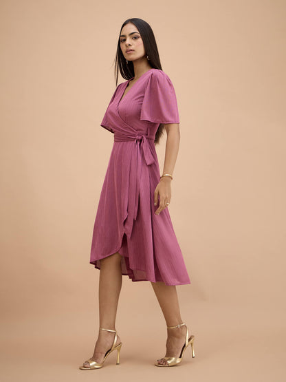 Joya Faux Wrap Midi Dress-Mauve