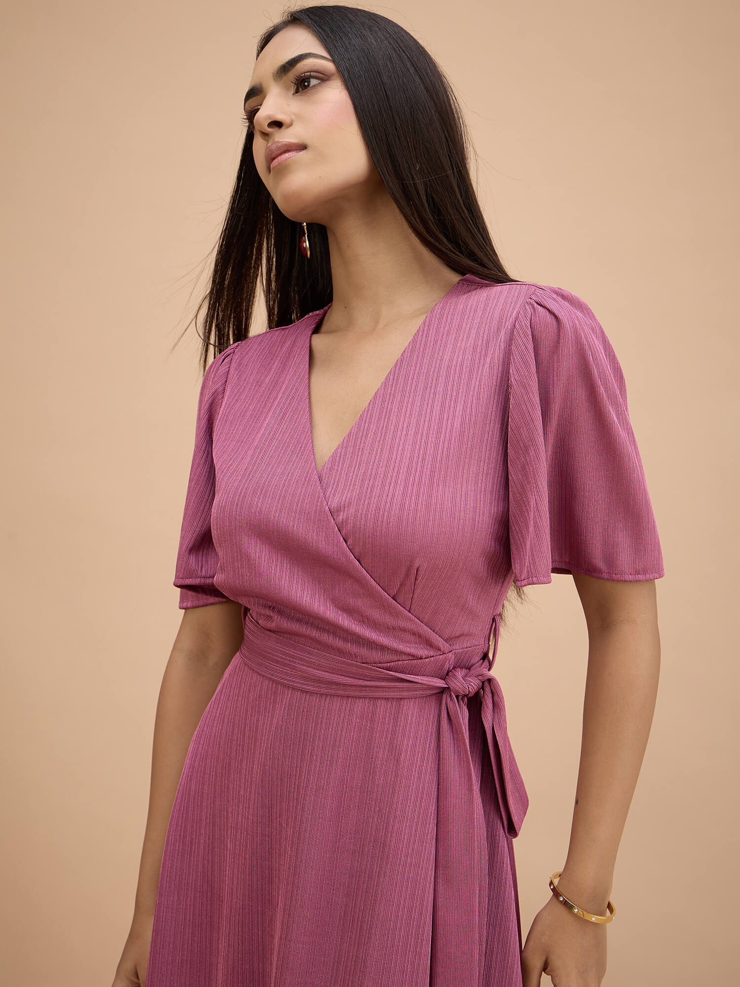 Joya Faux Wrap Midi Dress-Mauve
