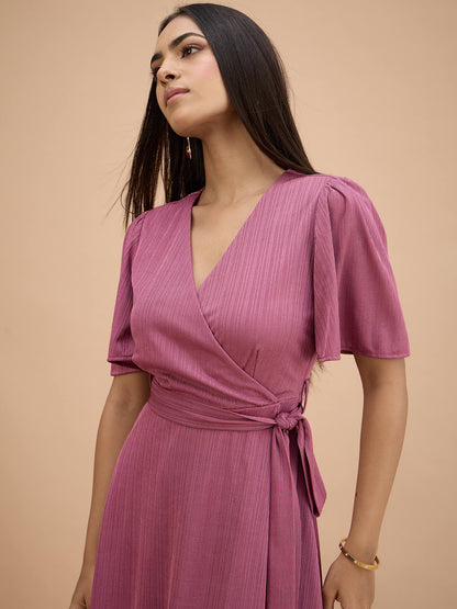 Joya Faux Wrap Midi Dress-Mauve