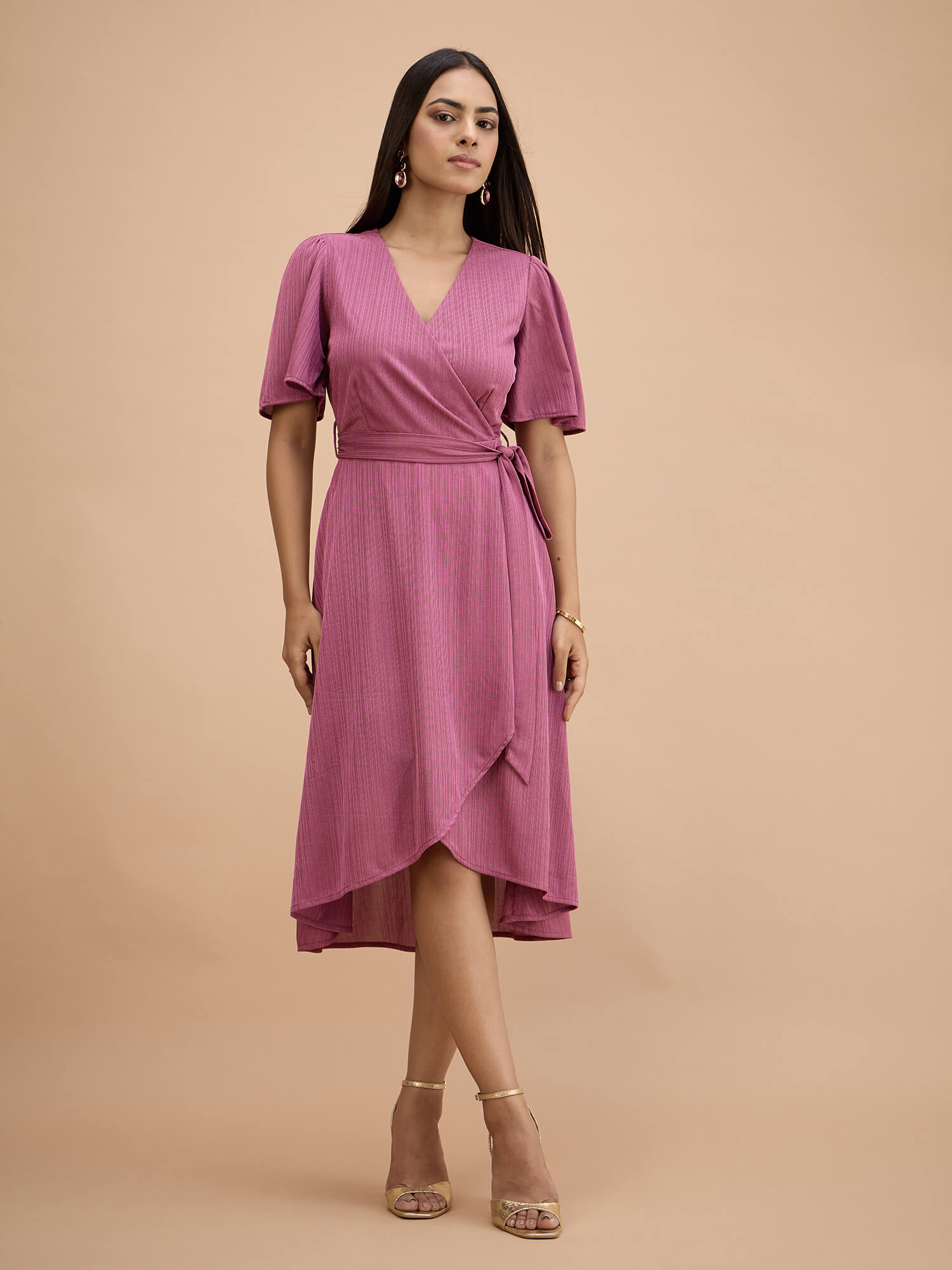 Joya Faux Wrap Midi Dress-Mauve