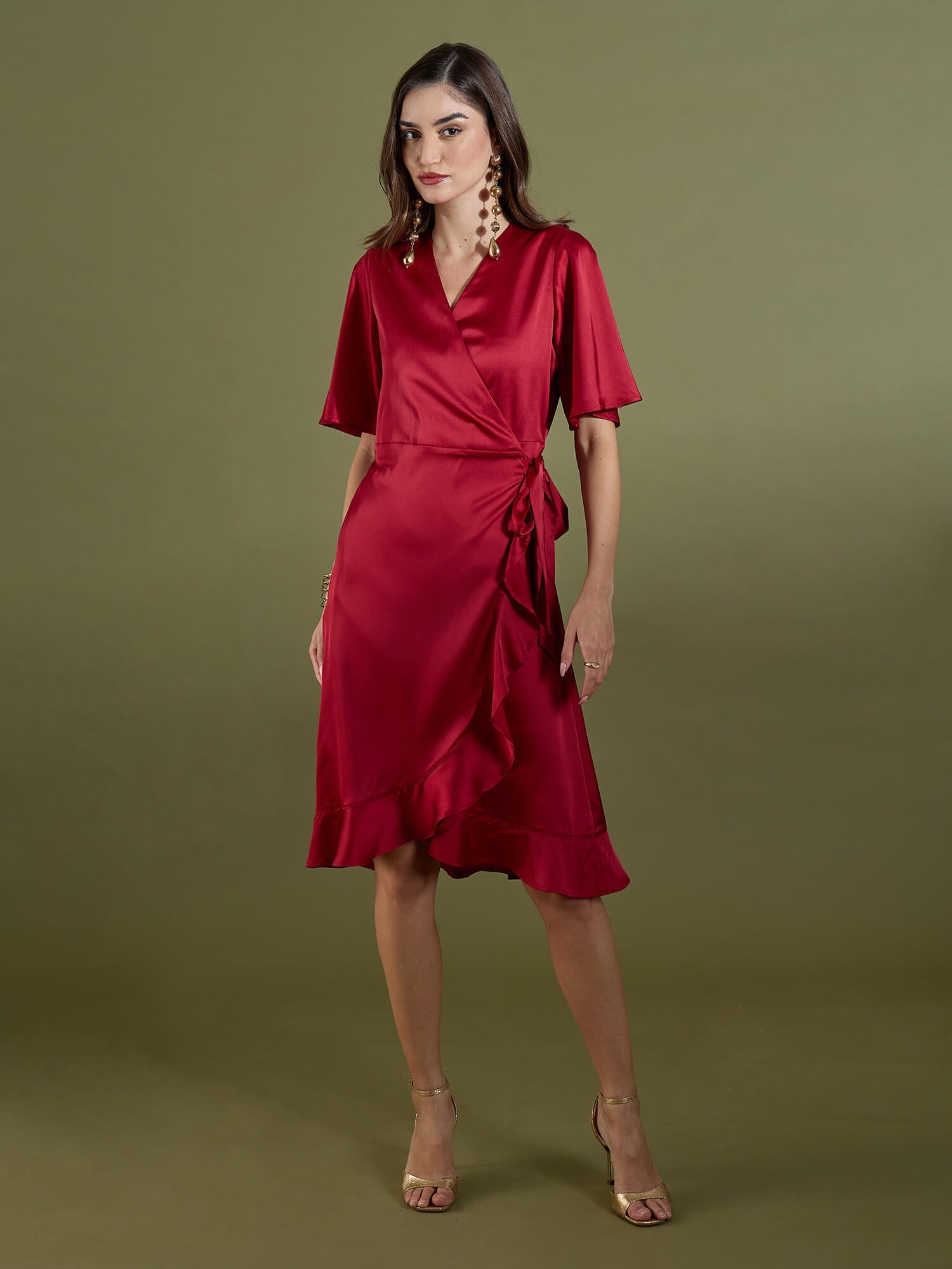 Mitsy Ruffle Detail Wrap Dress-Red