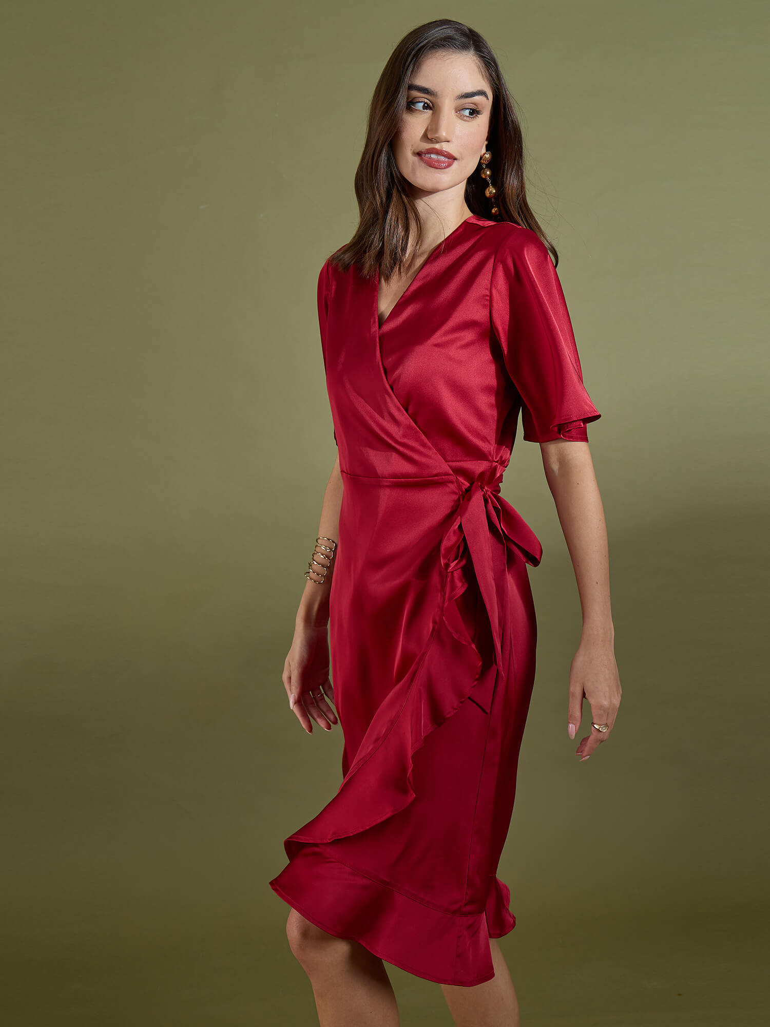 Mitsy Ruffle Detail Wrap Dress-Red