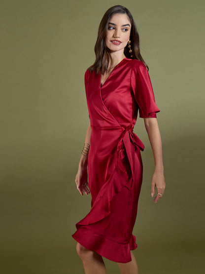Mitsy Ruffle Detail Wrap Dress-Red