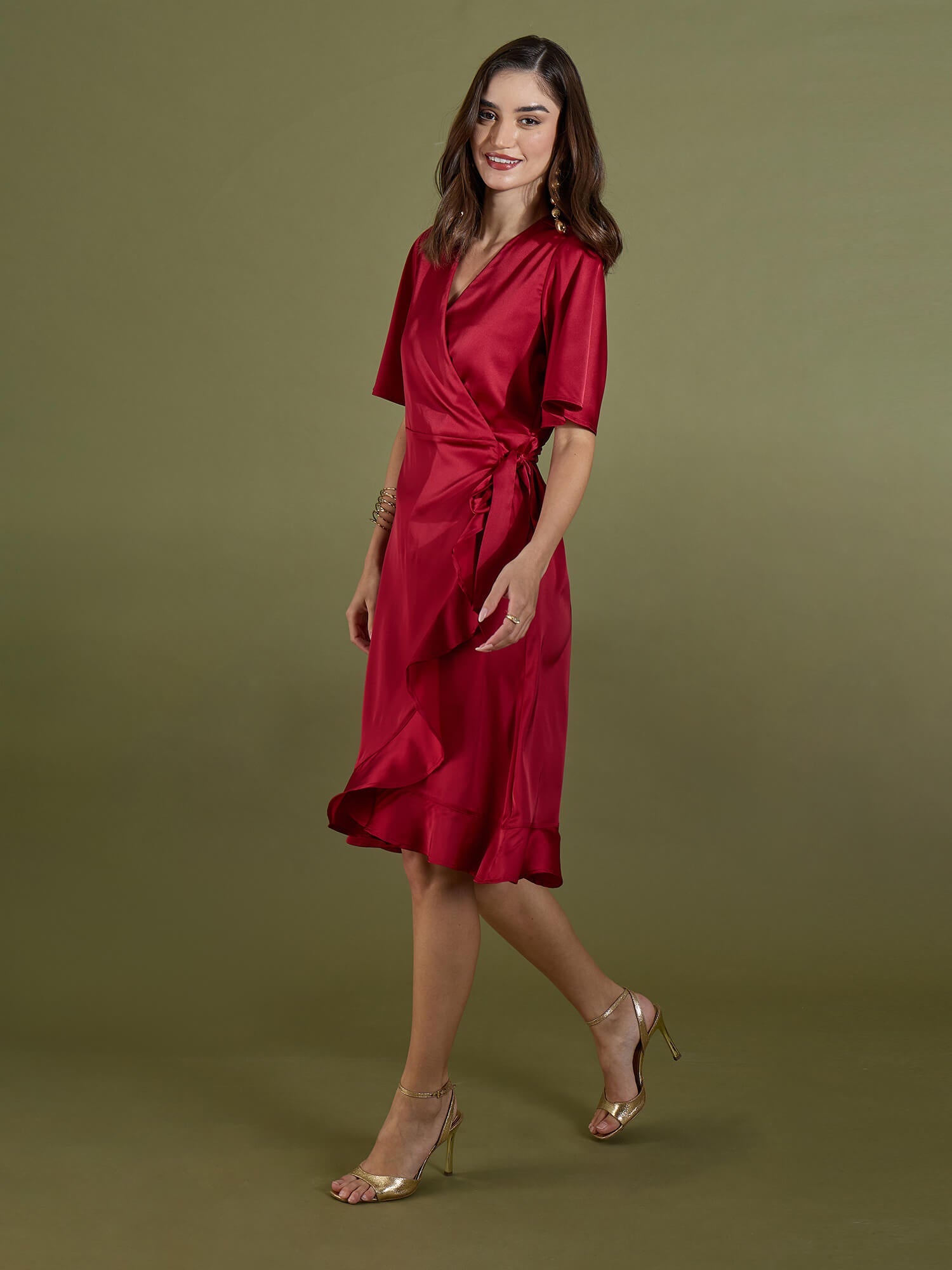 Mitsy Ruffle Detail Wrap Dress-Red