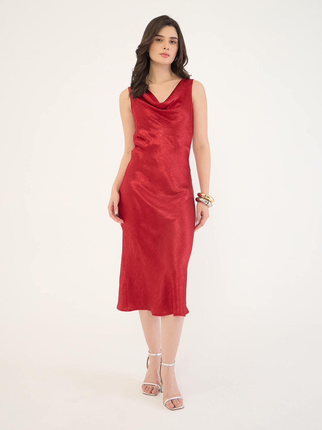 Cait Crushed Satin Cowl Neck Dress-Red