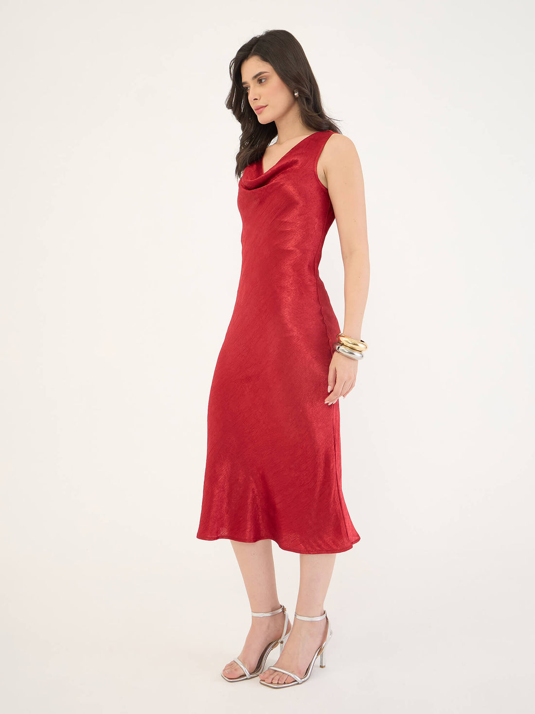 Cait Crushed Satin Cowl Neck Dress-Red