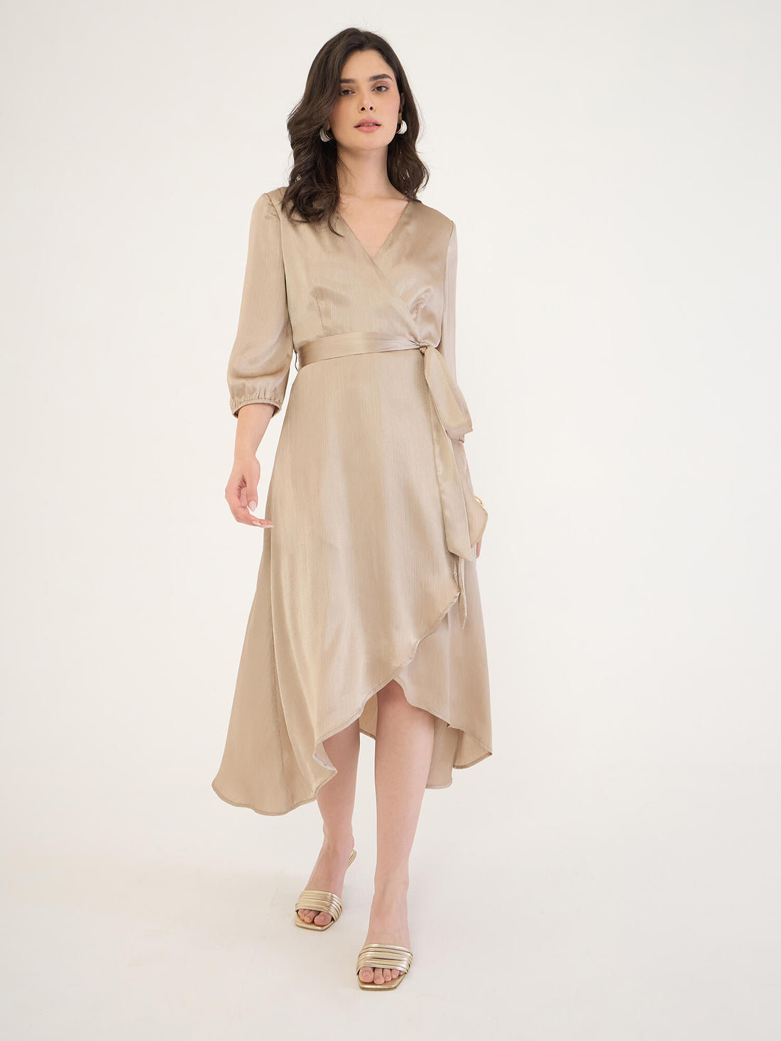 Thea Satin Wrap Dress-Gold