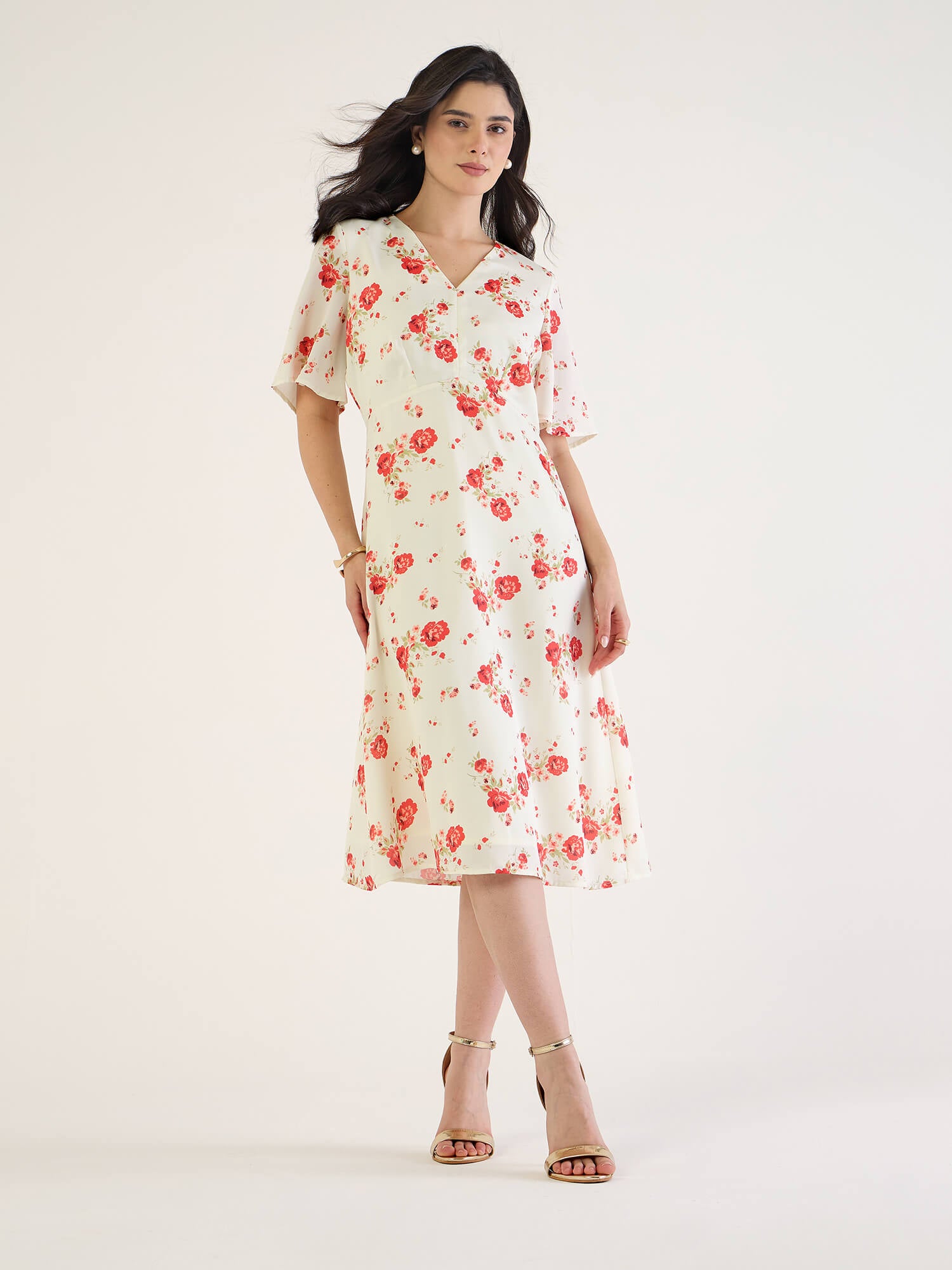 Lena Printed Flared Sleeve Midi Dress-Cream