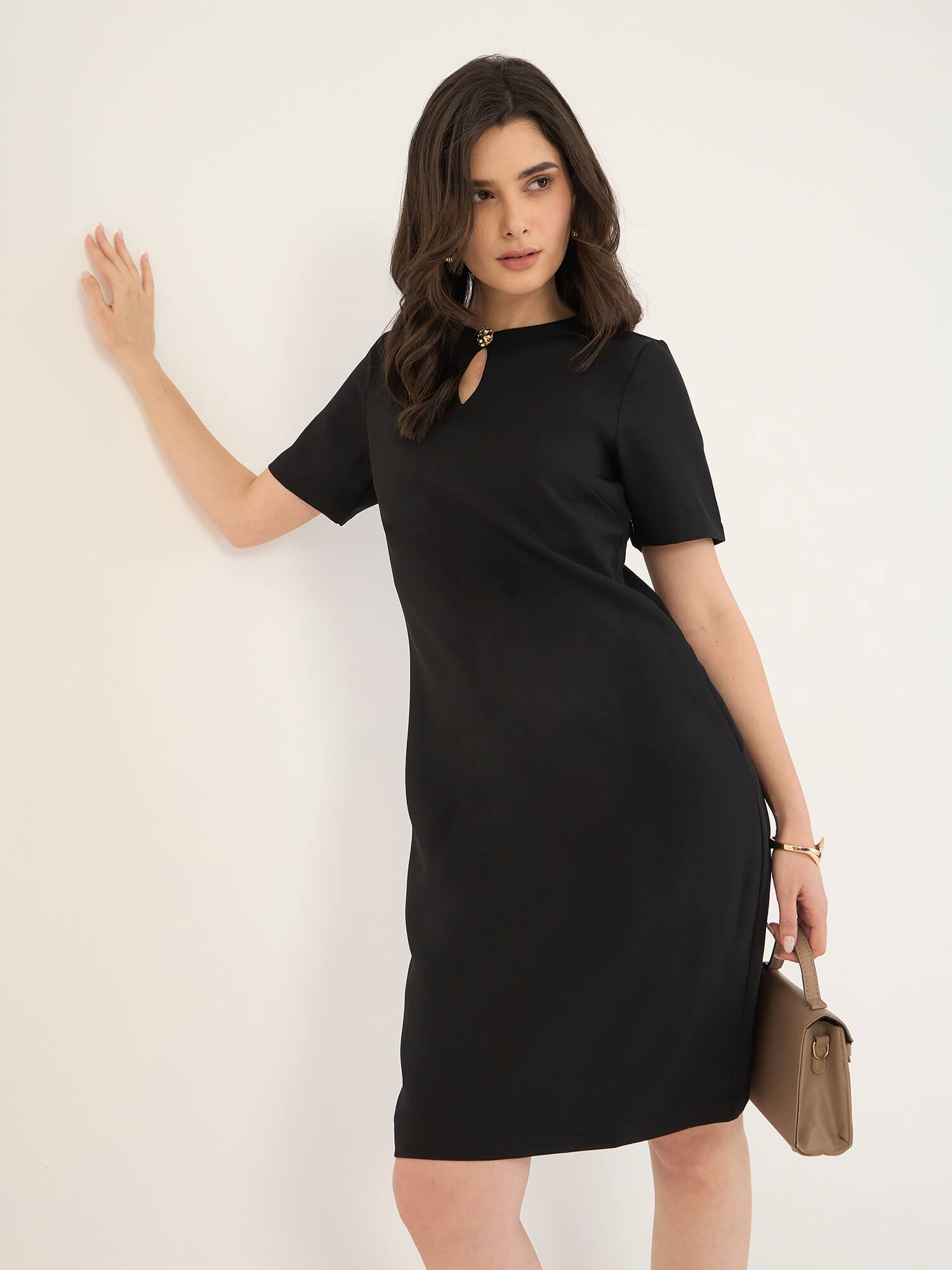 Frances Shift Dress with Keyhole Detail -Black