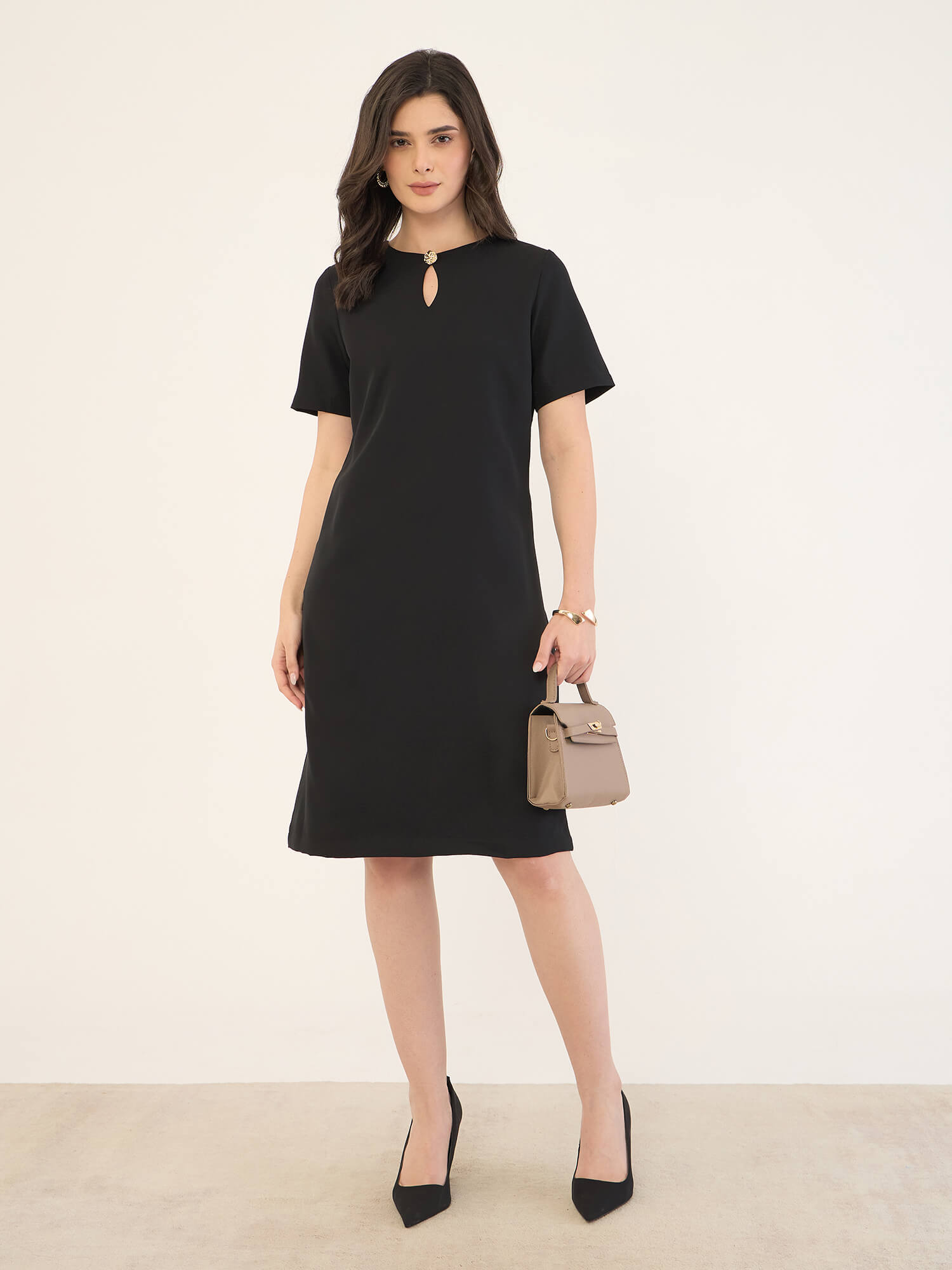 Frances Shift Dress with Keyhole Detail -Black