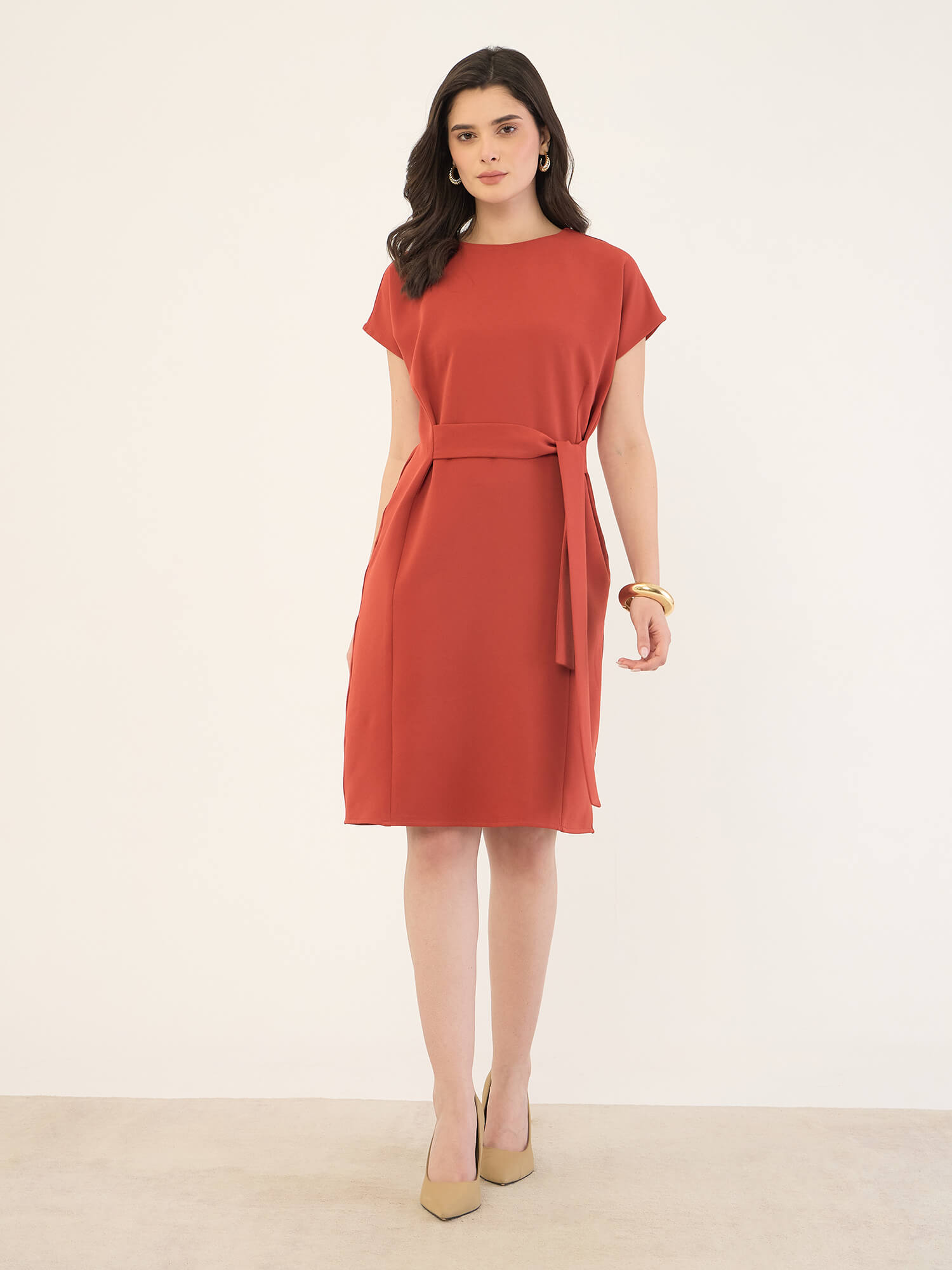 Juniper Drop Sleeve Belted Dress -Rust