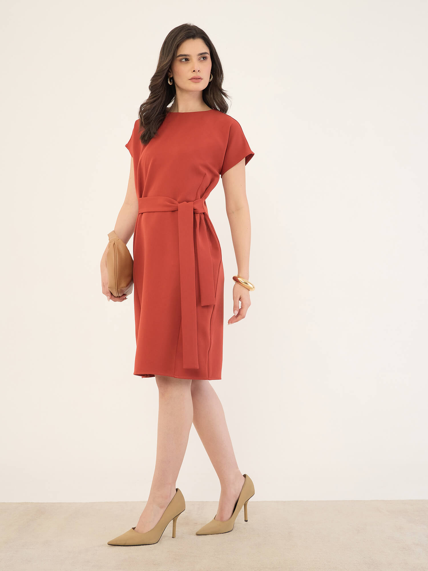 Juniper Drop Sleeve Belted Dress -Rust