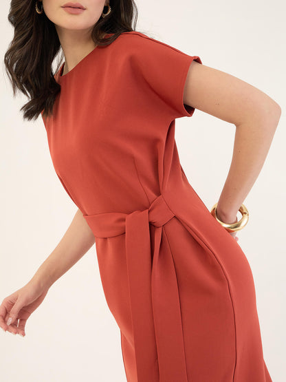 Juniper Drop Sleeve Belted Dress -Rust