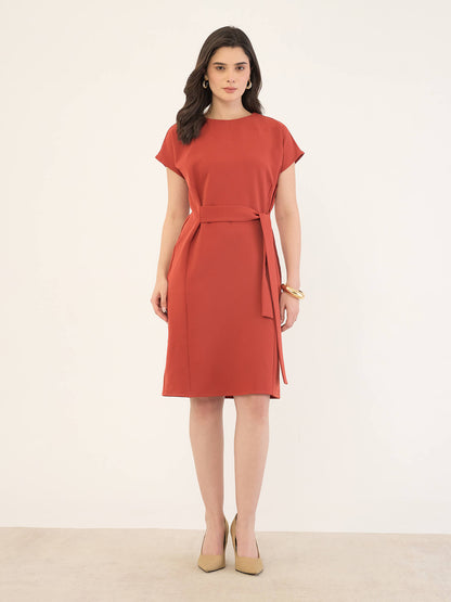 Juniper Drop Sleeve Belted Dress -Rust