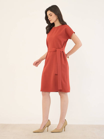 Juniper Drop Sleeve Belted Dress -Rust
