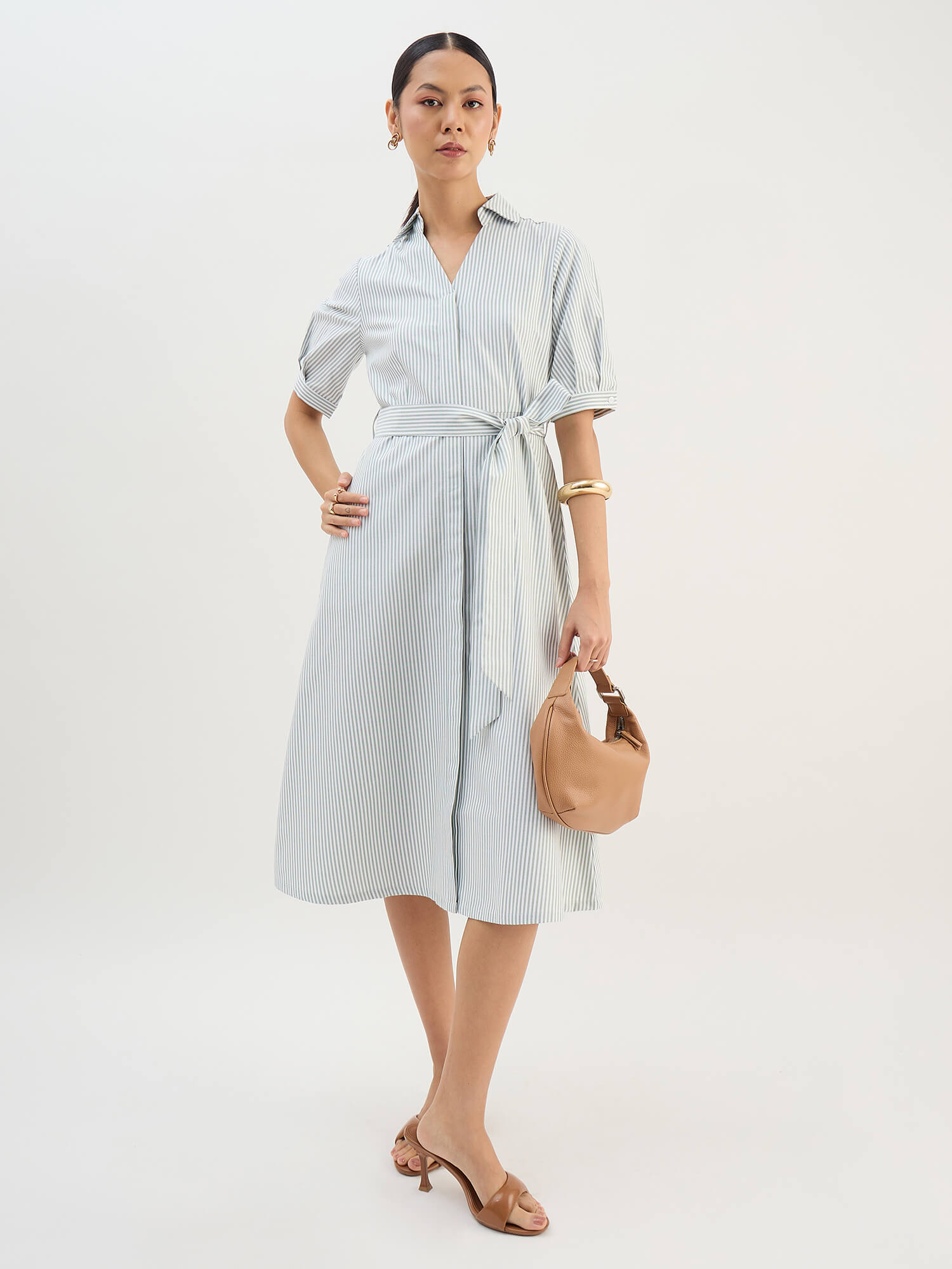 Sommer Belted Shirt Dress-Green &amp; White