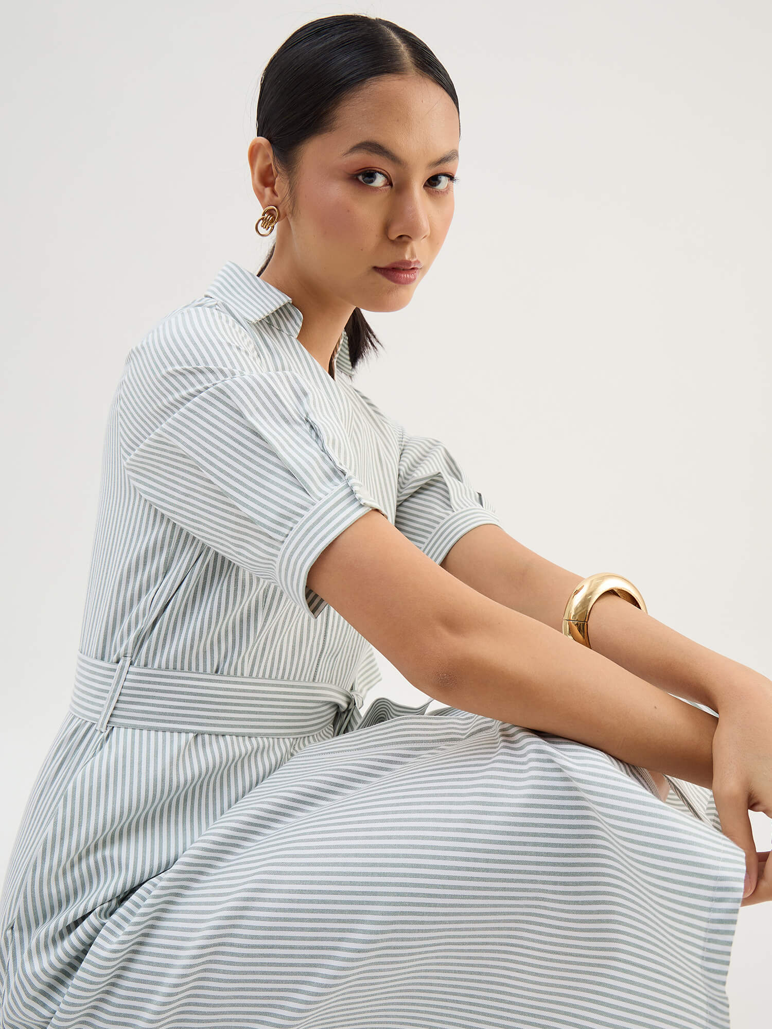 Sommer Belted Shirt Dress-Green &amp; White