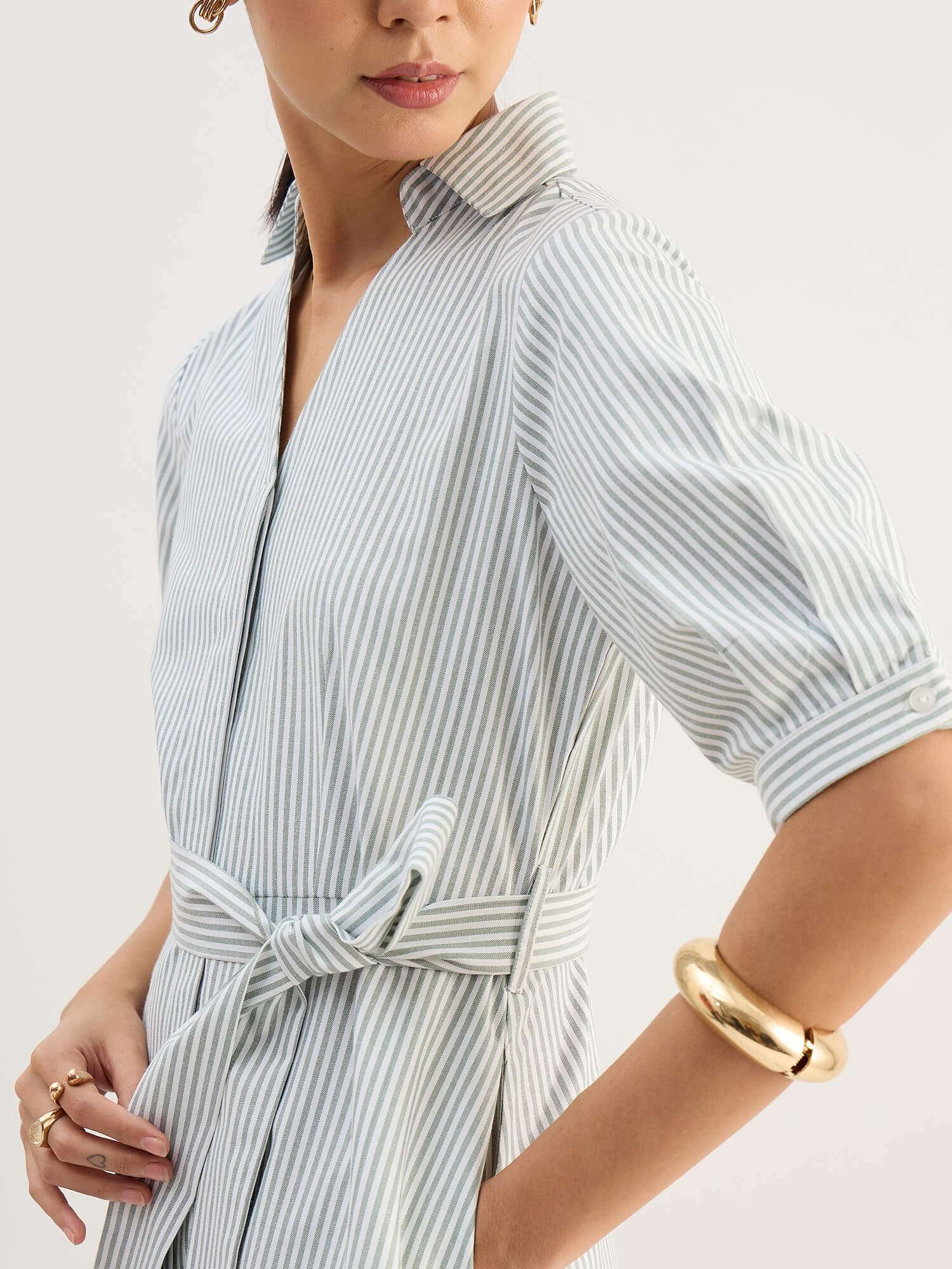 Sommer Belted Shirt Dress-Green &amp; White