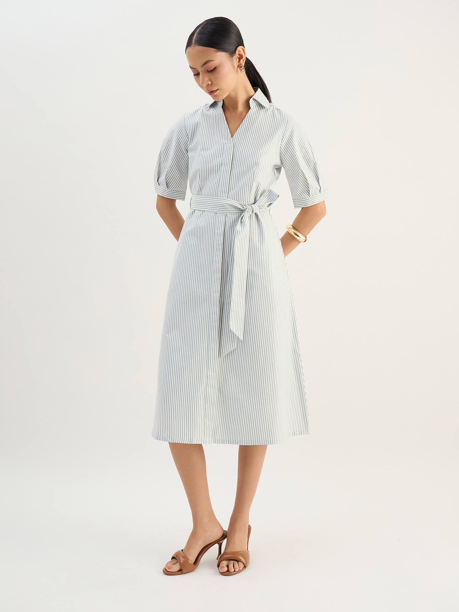 Sommer Belted Shirt Dress-Green &amp; White - SALT Attire