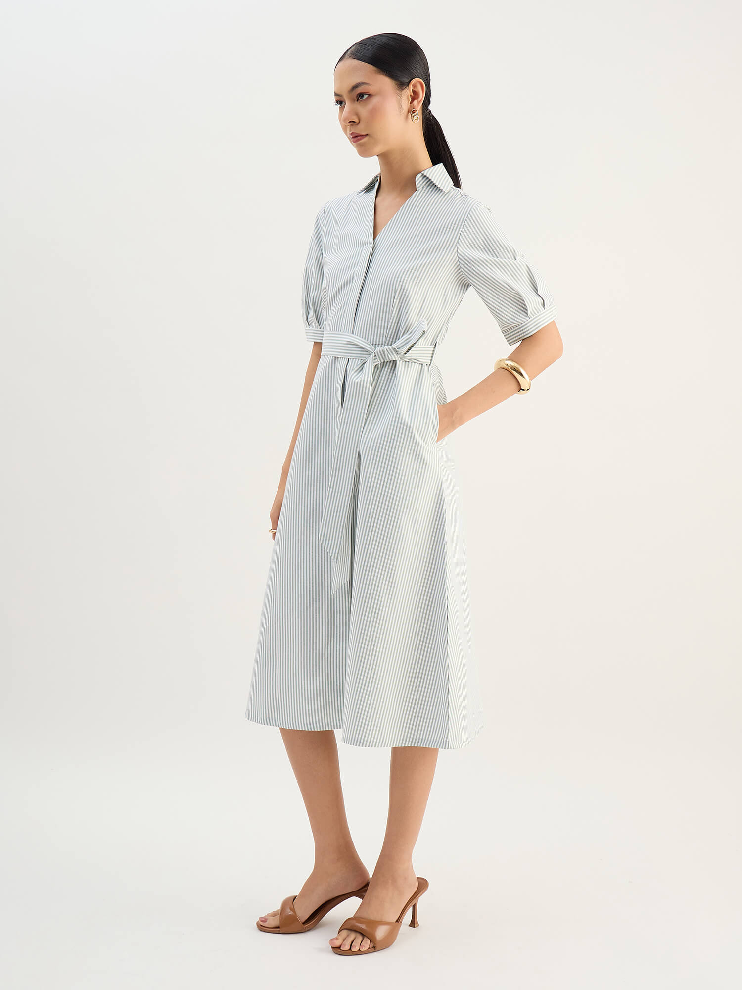 Sommer Belted Shirt Dress-Green &amp; White - SALT Attire