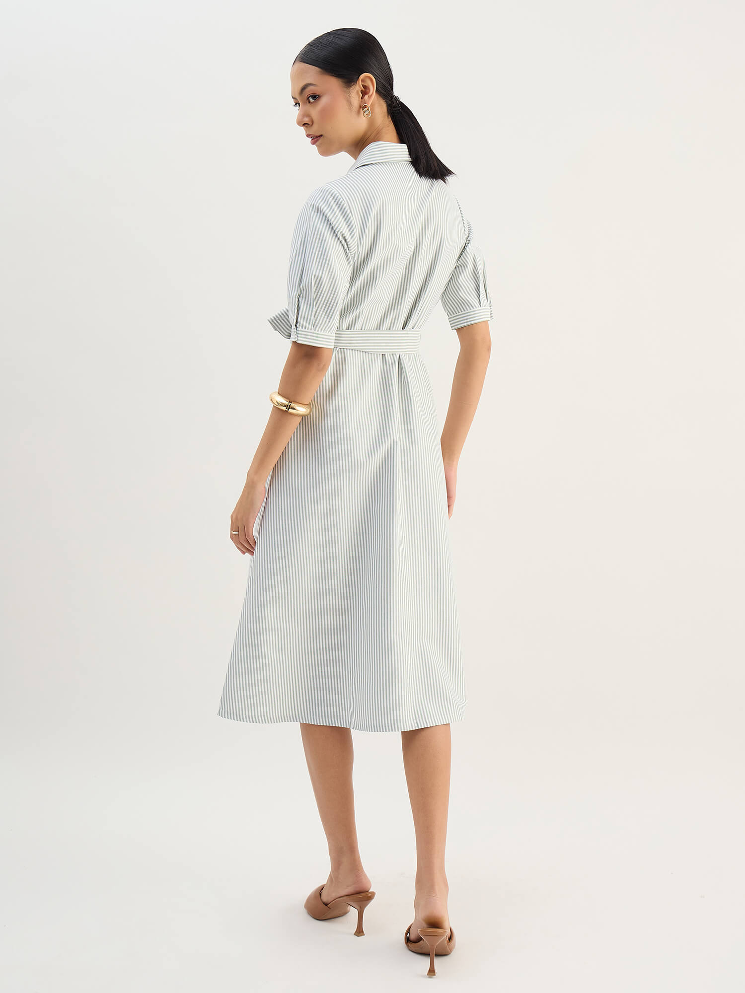 Sommer Belted Shirt Dress-Green &amp; White