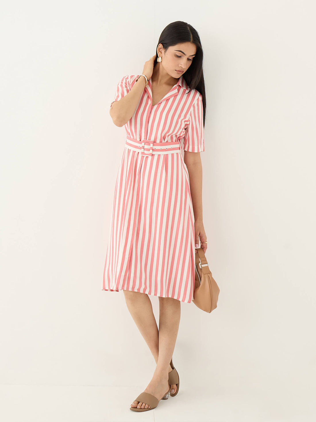 Palmira Notch Collar Shirt Dress-Pink &amp; White