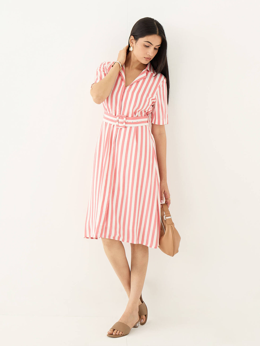 Palmira Notch Collar Shirt Dress-Pink &amp; White
