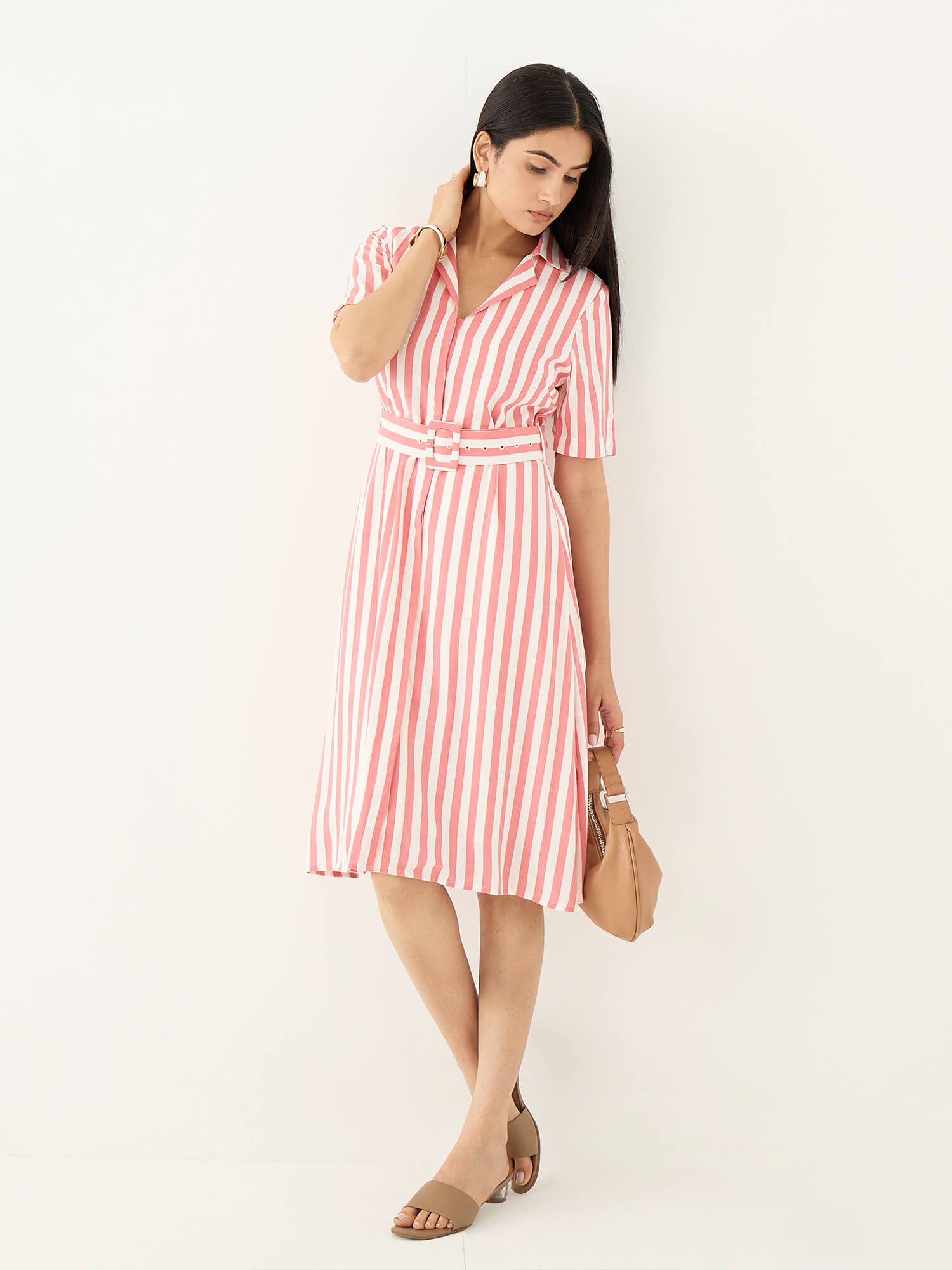 Palmira Notch Collar Shirt Dress-Pink &amp; White