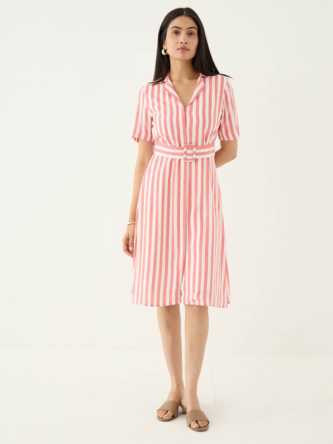 Palmira Notch Collar Shirt Dress-Pink &amp; White