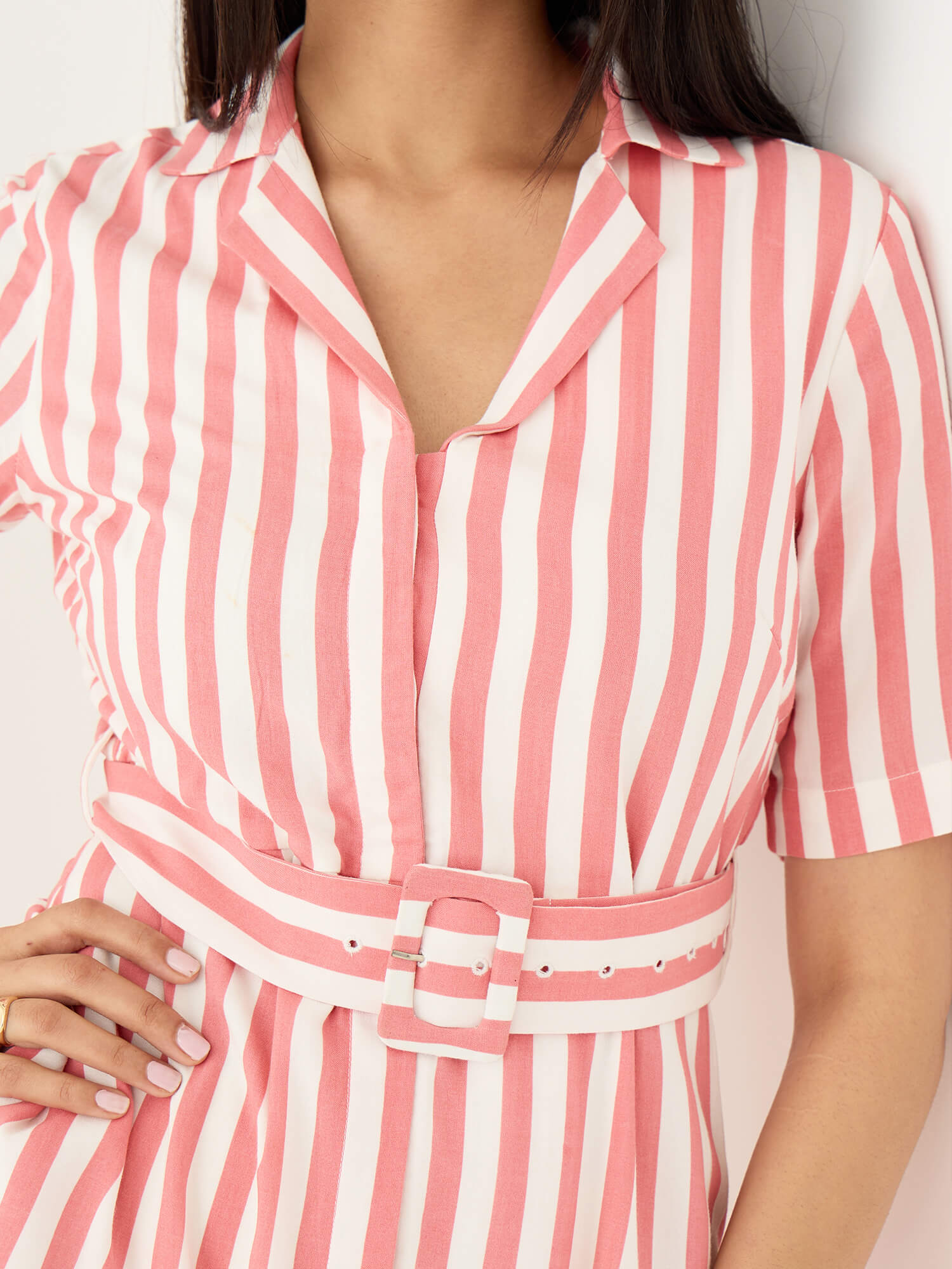 Palmira Notch Collar Shirt Dress-Pink &amp; White