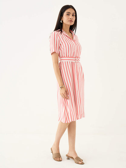 Palmira Notch Collar Shirt Dress-Pink &amp; White