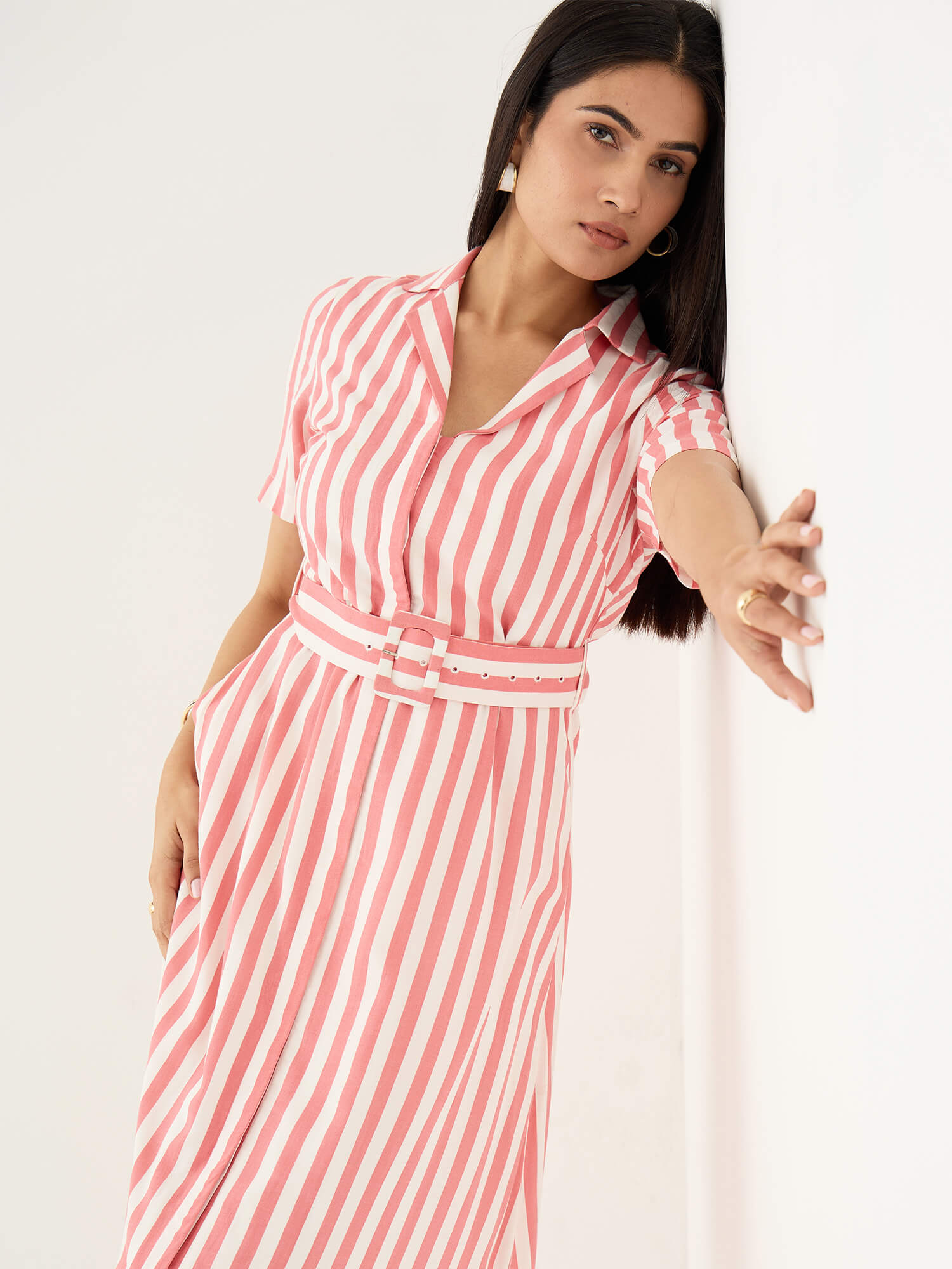 Palmira Notch Collar Shirt Dress-Pink &amp; White